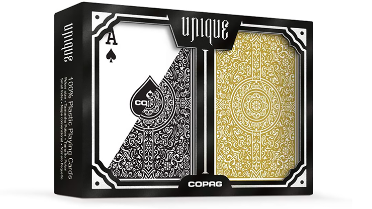 (image for) Copag Unique Plastic Playing Cards Poker Size Regular Index Black and Gold Double-Deck Set - Click Image to Close